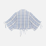 The HEVRON Eva Linen Cropped Top features a light blue and white plaid kimono style with wide drawstring sleeves, adjustable side and waist ties, shown flat on a white background.