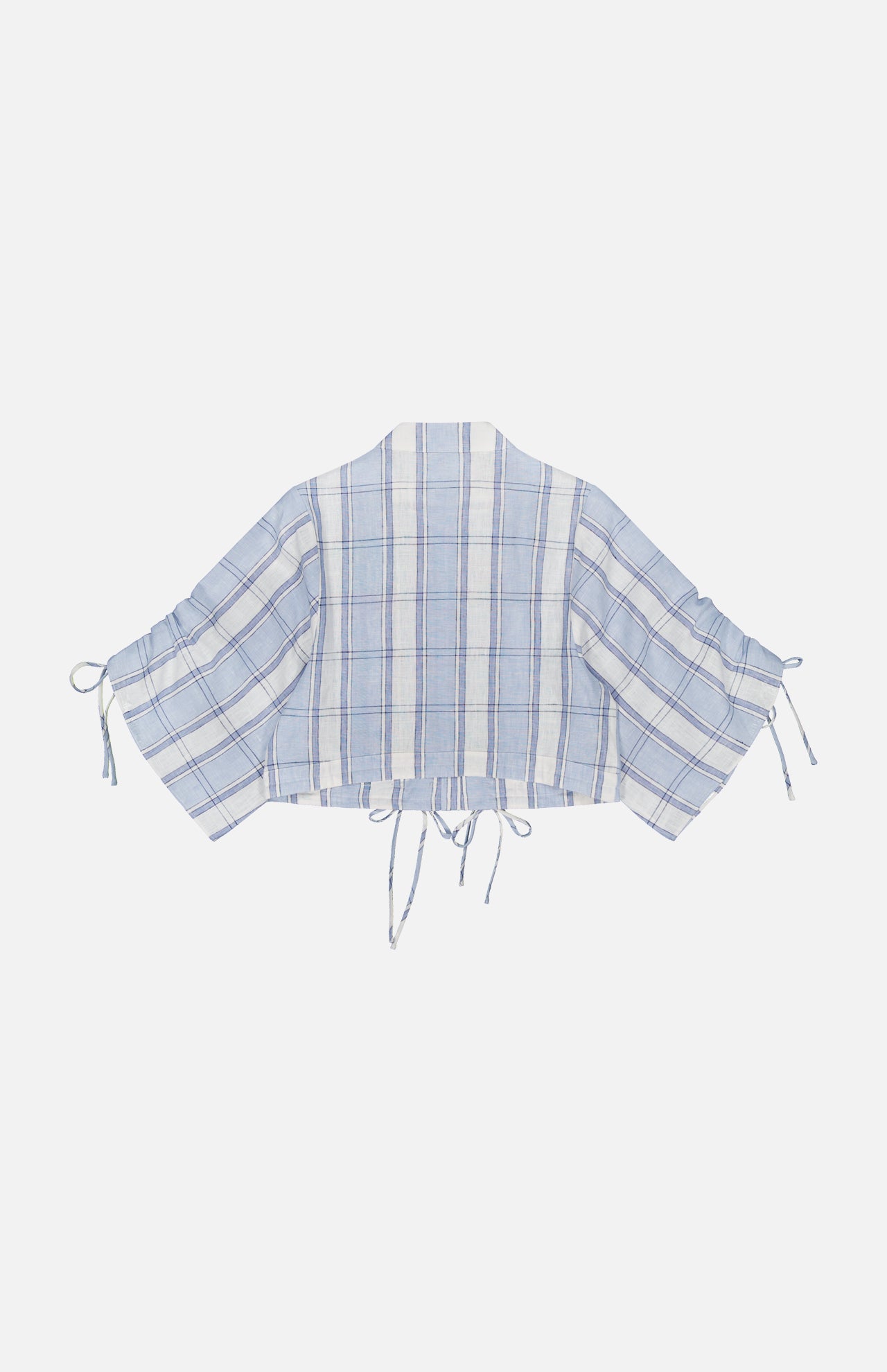 The HEVRON Eva Linen Cropped Top features a light blue and white plaid kimono style with wide drawstring sleeves, adjustable side and waist ties, shown flat on a white background.
