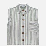 The Katja Striped Linen Top by HEVRON features a sleeveless, button-up design with a collar in light green, gray, and white vertical stripes; chest pocket has horizontal stripes. Ideal as a summer blouse.