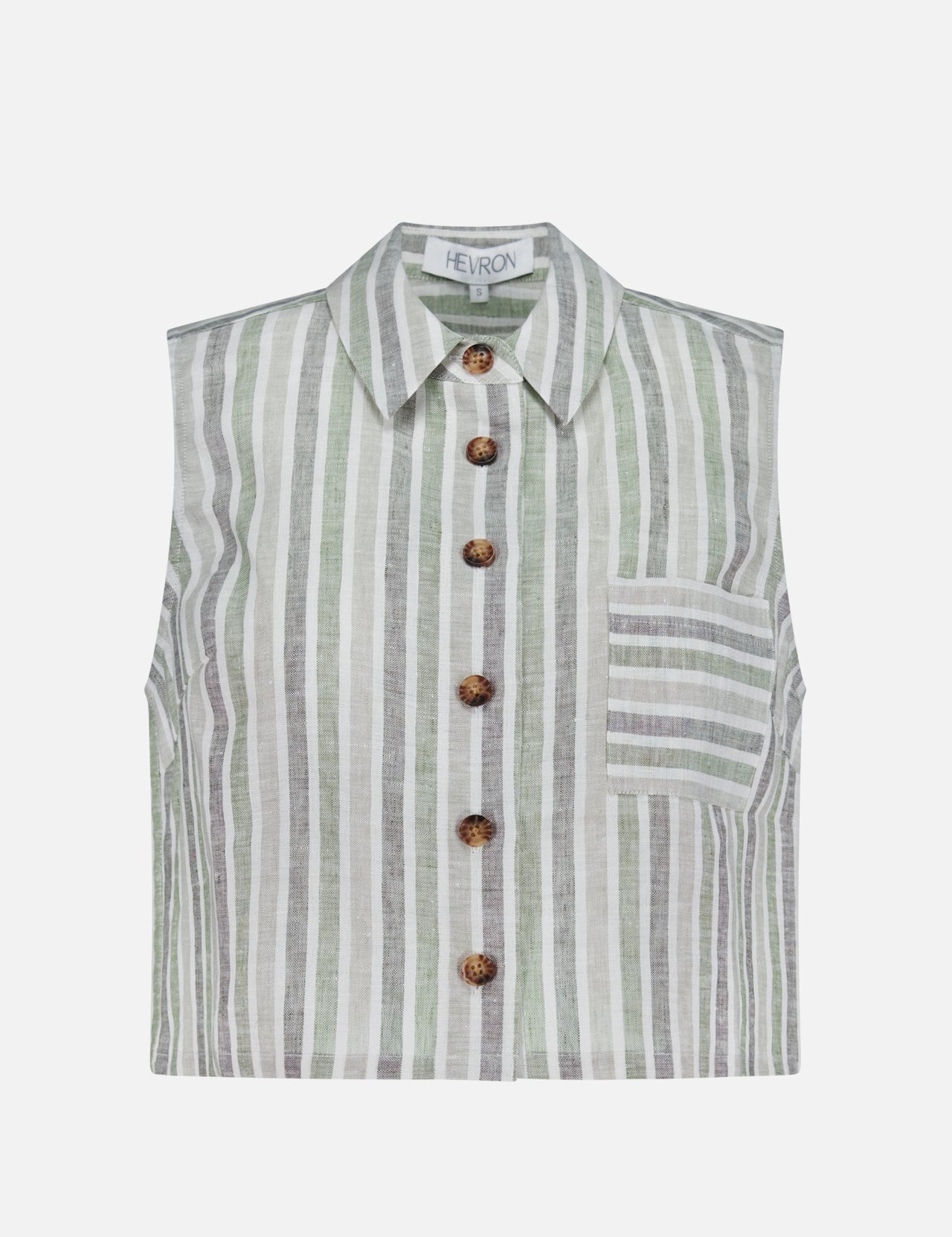 The Katja Striped Linen Top by HEVRON features a sleeveless, button-up design with a collar in light green, gray, and white vertical stripes; chest pocket has horizontal stripes. Ideal as a summer blouse.