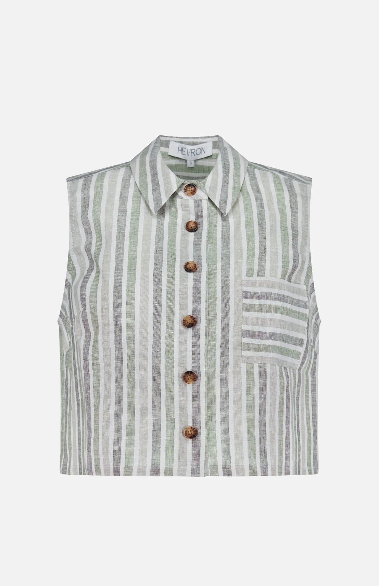 The Katja Striped Linen Top by HEVRON features a sleeveless, button-up design with a collar in light green, gray, and white vertical stripes; chest pocket has horizontal stripes. Ideal as a summer blouse.