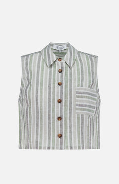 The Katja Striped Linen Top by HEVRON features a sleeveless, button-up design with a collar in light green, gray, and white vertical stripes; chest pocket has horizontal stripes. Ideal as a summer blouse.