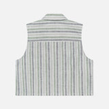 Back view of the HEVRON Katja Striped Linen Top, a sleeveless collared design with light grey and white stripes on airy fabric—ideal for summer—shown against a plain white background.