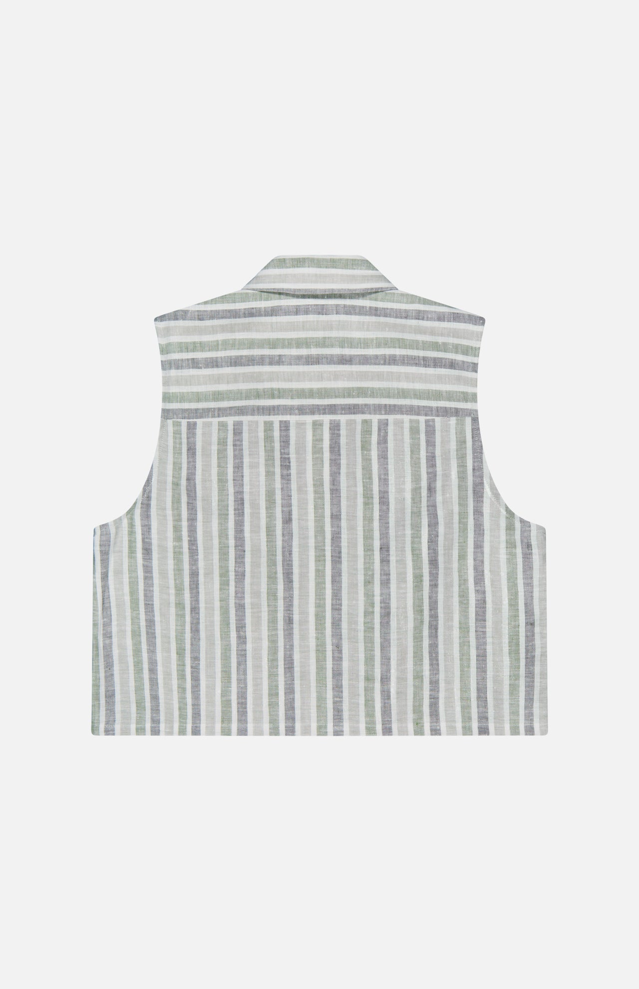 Back view of the HEVRON Katja Striped Linen Top, a sleeveless collared design with light grey and white stripes on airy fabric—ideal for summer—shown against a plain white background.