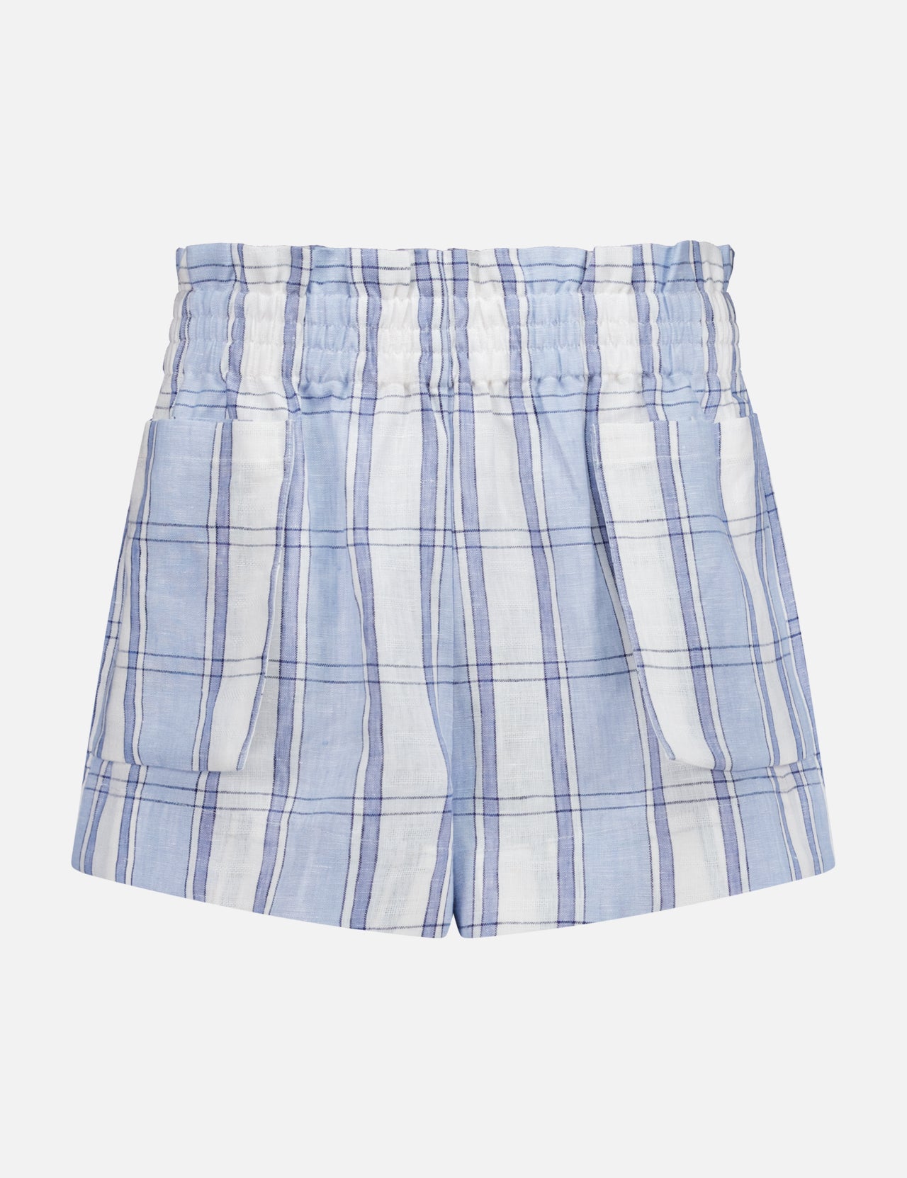 The HEVRON Mira Plaid Linen Short features light blue and white vertical and horizontal stripes, an elastic waistband, and is shown against a plain white background.