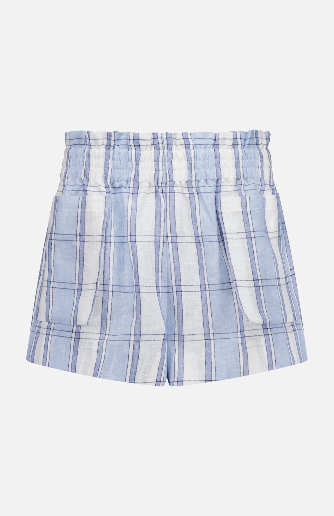 The HEVRON Mira Plaid Linen Short features light blue and white vertical and horizontal stripes, an elastic waistband, and is shown against a plain white background.