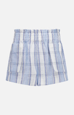 The HEVRON Mira Plaid Linen Short features light blue and white vertical and horizontal stripes, an elastic waistband, and is shown against a plain white background.