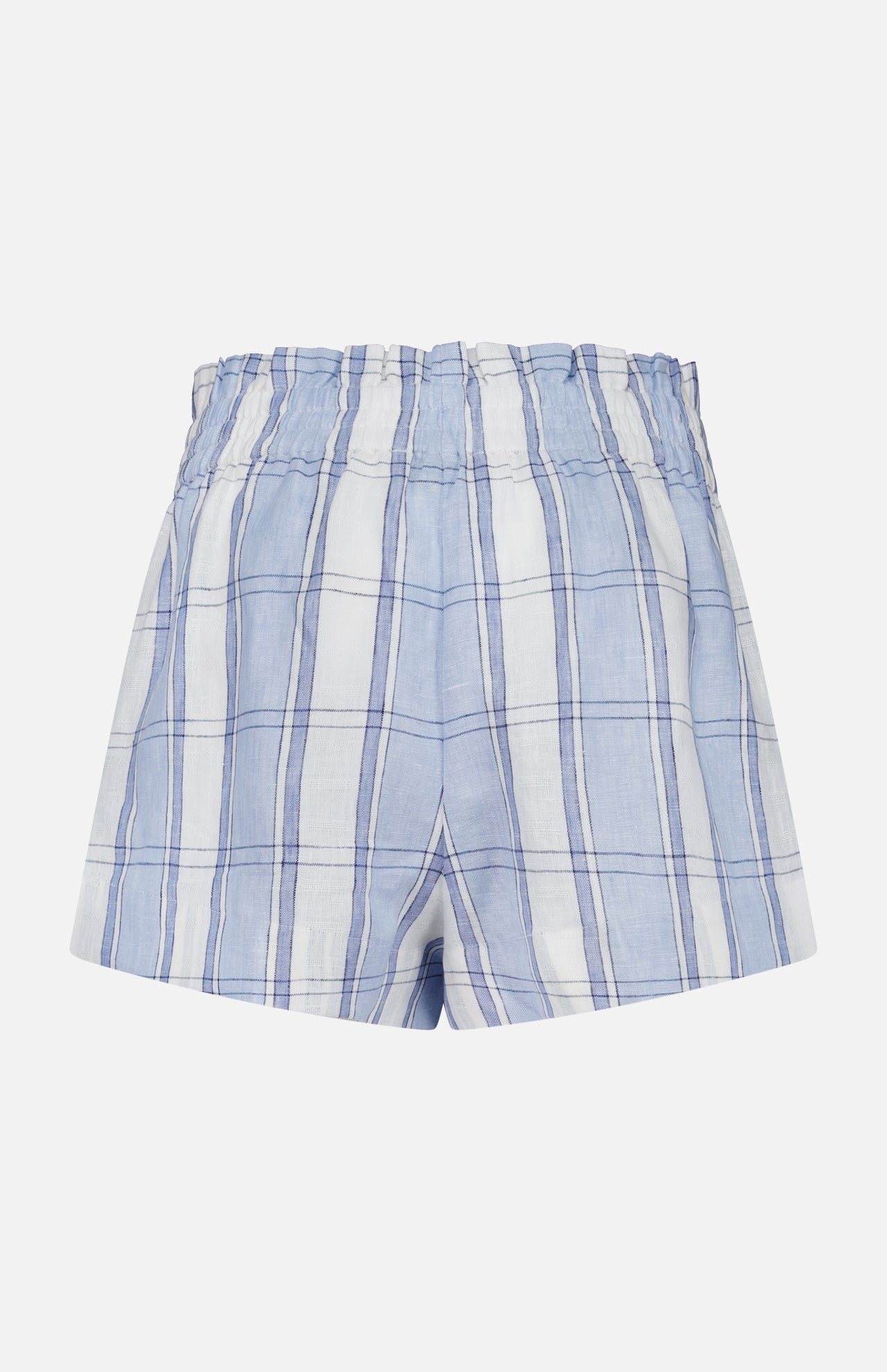 The HEVRON Mira Plaid Linen Short features a light blue plaid design and an elastic waistband, shown against a plain white background.