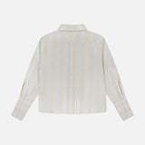 The HEVRON Paola Front Tuck Top is shown from the back in beige with vertical white and blue stripes. It features a classic collar, back button detail, and long sleeves for a refined look.