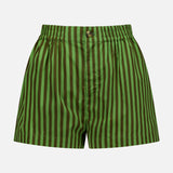 The HEVRON Remi Stripe Shorts feature an elastic waistband, button closure, and vertical dark and light green stripes—made from cotton for a breezy summer look. Shown against a plain white background.