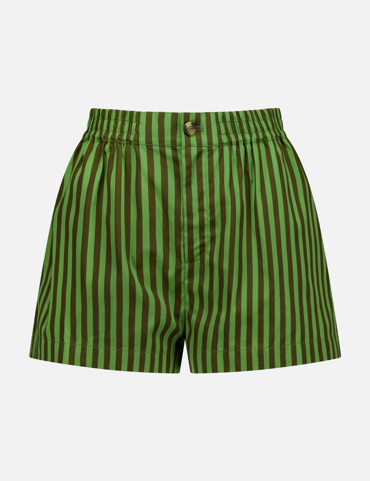 The HEVRON Remi Stripe Shorts feature an elastic waistband, button closure, and vertical dark and light green stripes—made from cotton for a breezy summer look. Shown against a plain white background.
