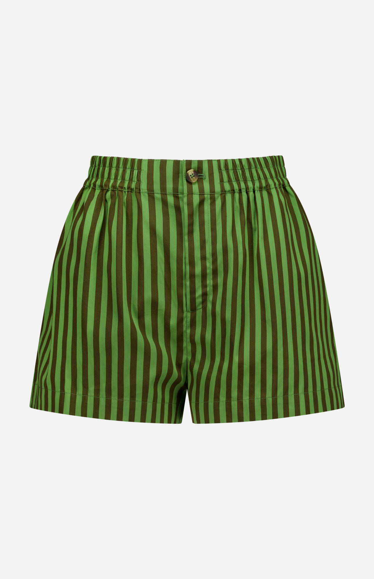 The HEVRON Remi Stripe Shorts feature an elastic waistband, button closure, and vertical dark and light green stripes—made from cotton for a breezy summer look. Shown against a plain white background.