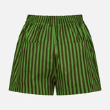 The Remi Stripe Shorts by HEVRON feature an elastic waistband, vertical dark and light green stripes, two back pockets, and are made from cotton—perfect for a summer set. Displayed against a plain white background.