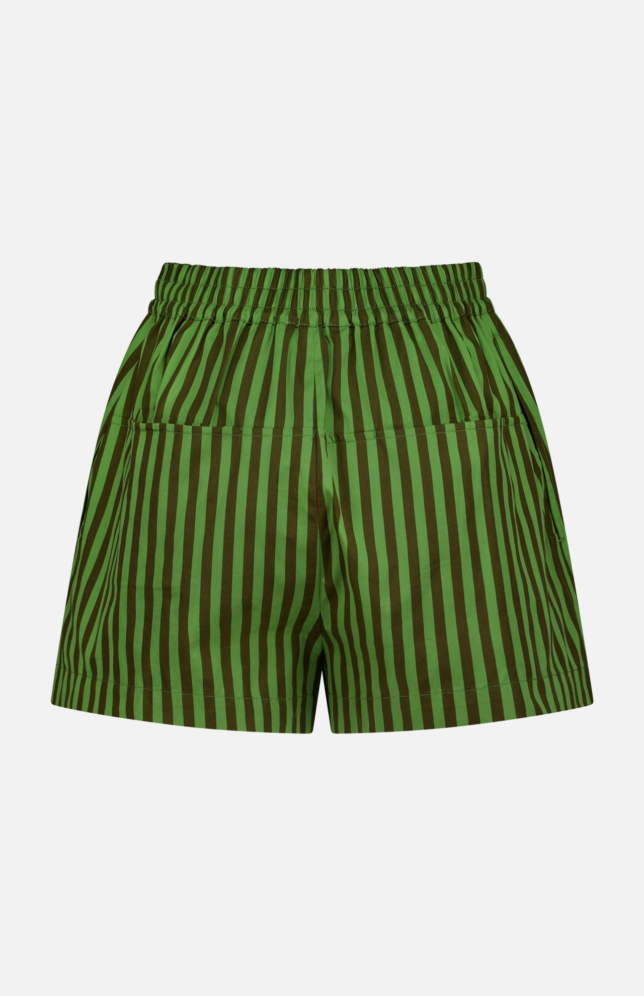 The Remi Stripe Shorts by HEVRON feature an elastic waistband, vertical dark and light green stripes, two back pockets, and are made from cotton—perfect for a summer set. Displayed against a plain white background.