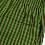 Close-up of HEVRON Remi Stripe Shorts featuring green and dark green vertical stripes, an elastic waistband, and a back pocket.