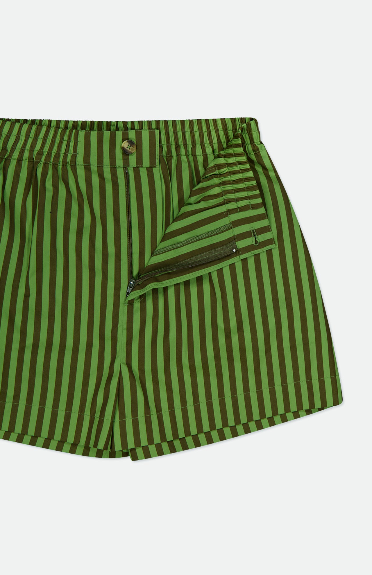 HEVRON Remi Stripe Shorts: Green and dark brown vertical stripes, men's cotton with open front fly, button closure, and visible inner hem stitching. Shown on a white background—ideal for summer style.
