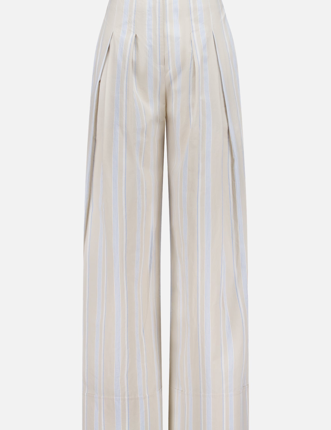 The HEVRON Rory Wide Leg Stripe Pant features a high-waisted beige design with vertical white and light blue pinstripes, front pleats, and side pockets, shown against a white background.