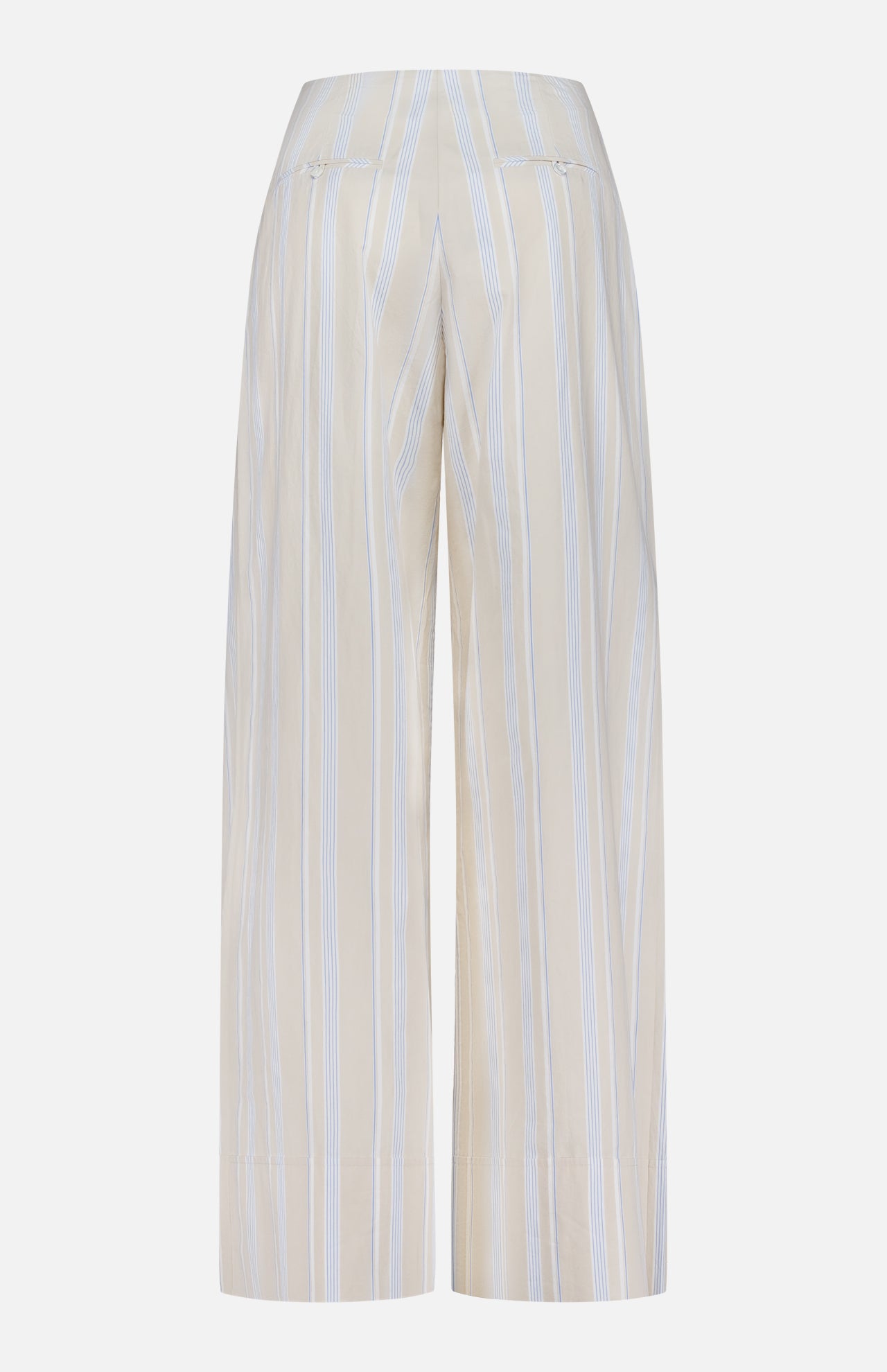 The HEVRON Rory Wide Leg Stripe Pant features beige fabric with vertical white and light blue stripes, a high waisted fit, wide leg silhouette, subtle seam accents, and two welt back pockets—shown here from the back.