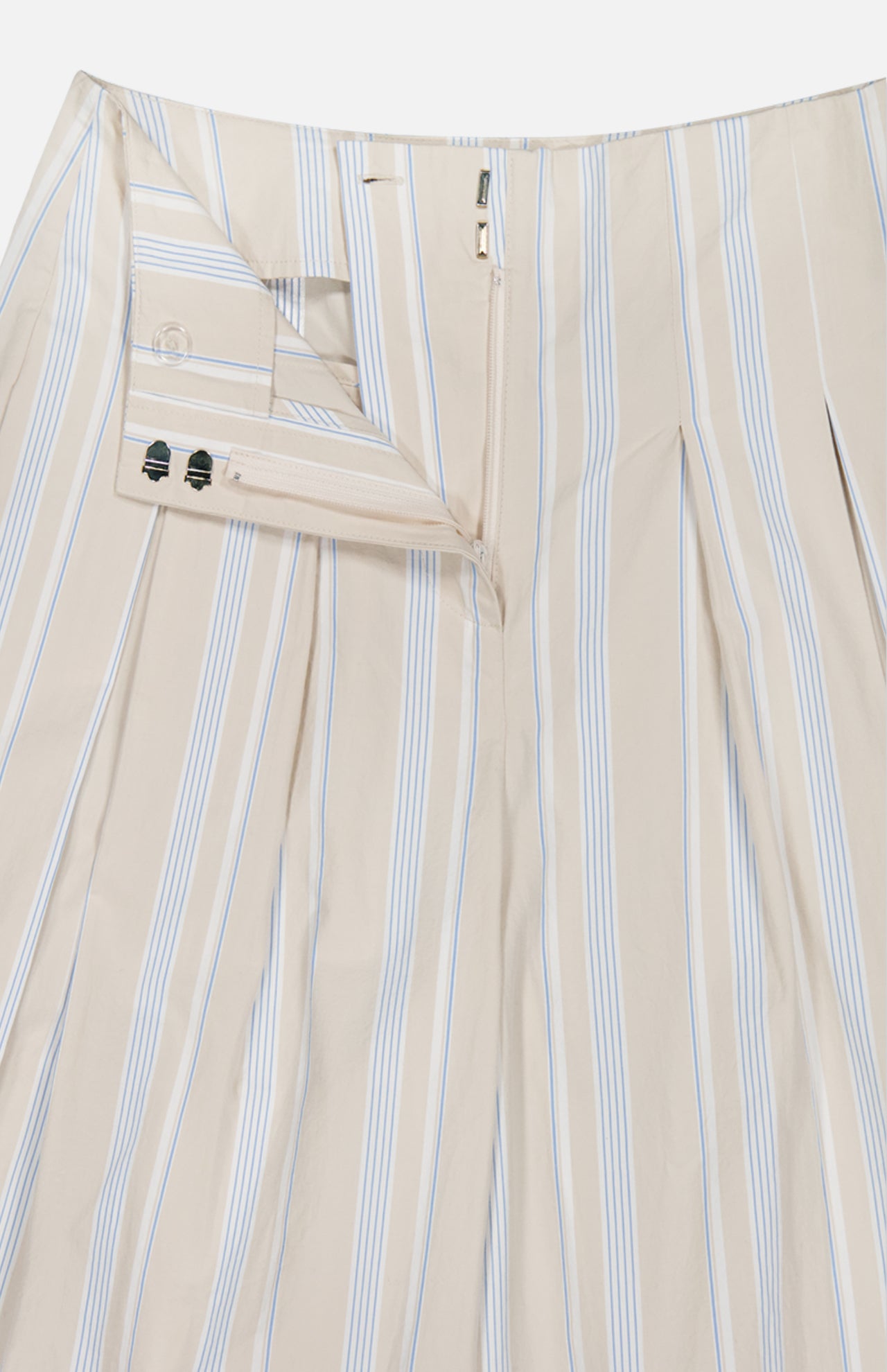 The HEVRON Rory Wide Leg Stripe Pant features beige fabric with light blue vertical stripes. High-waisted with a fly, hook-and-bar closure, and striped lining detail, these pants blend timeless style and comfort.