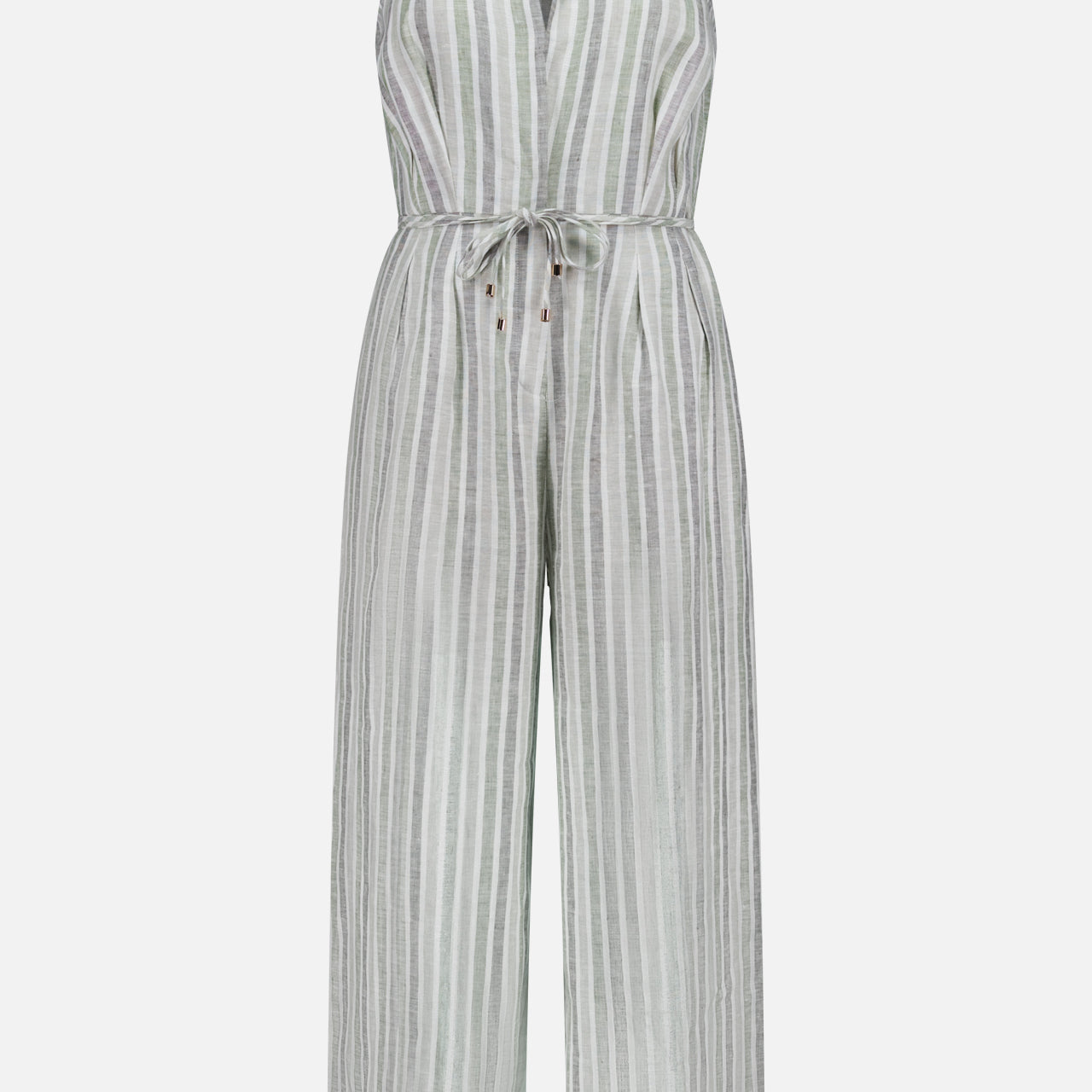 The HEVRON Vivi Striped Linen Jumpsuit features a sleeveless, collared V-neck design with a front tie waist and wide-leg pants in lightweight fabric with vertical light grey and white pinstripes.