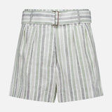 The Zinna Striped Linen Short by HEVRON features high-waisted green, white, and gray vertical stripes, pleats, and a matching striped belt with a rectangular buckle—perfect for effortless summer style.
