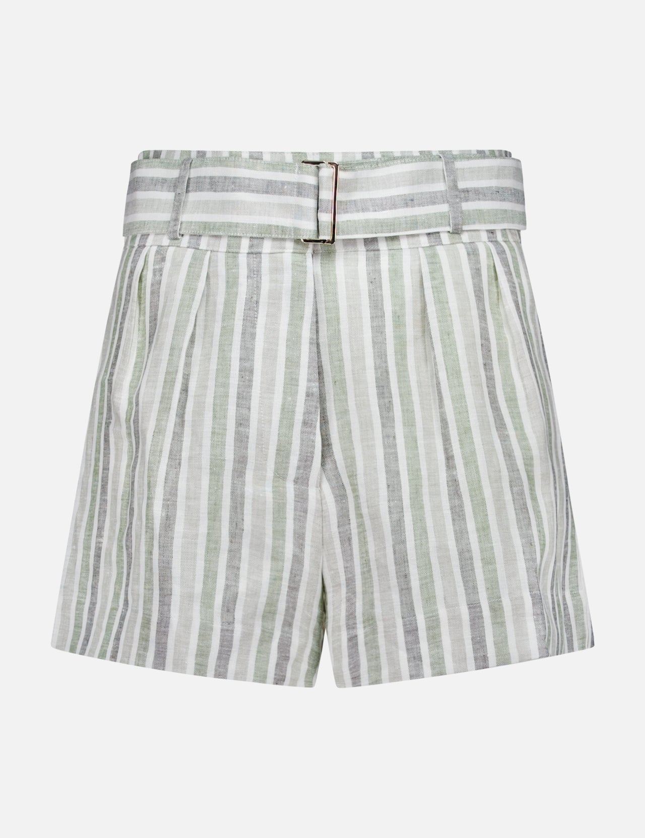 The Zinna Striped Linen Short by HEVRON features high-waisted green, white, and gray vertical stripes, pleats, and a matching striped belt with a rectangular buckle—perfect for effortless summer style.