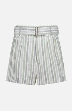 The Zinna Striped Linen Short by HEVRON features high-waisted green, white, and gray vertical stripes, pleats, and a matching striped belt with a rectangular buckle—perfect for effortless summer style.