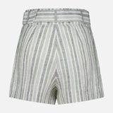 The HEVRON Zinna Striped Linen Short features a high-waisted, tailored fit with vertical green, white, and gray stripes plus belt loops—effortless summer style from the back view.