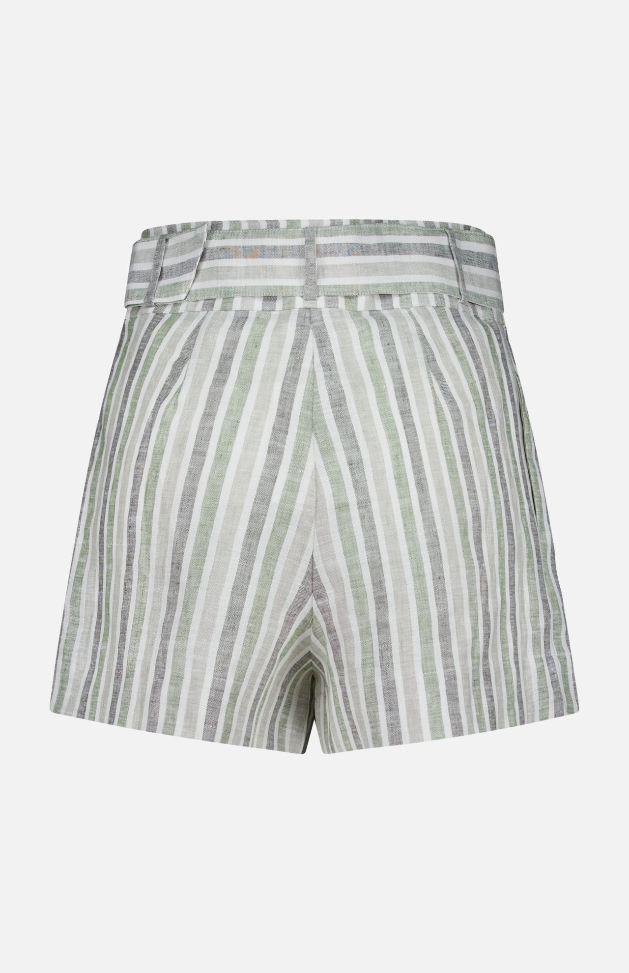 The HEVRON Zinna Striped Linen Short features a high-waisted, tailored fit with vertical green, white, and gray stripes plus belt loops—effortless summer style from the back view.