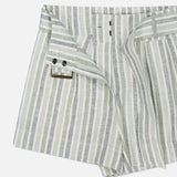 The HEVRON Zinna Striped Linen Short features green, white, and gray stripes with a side buckle, semi-open waistband, inner closures, and two buttons—ideal for easy summer style.
