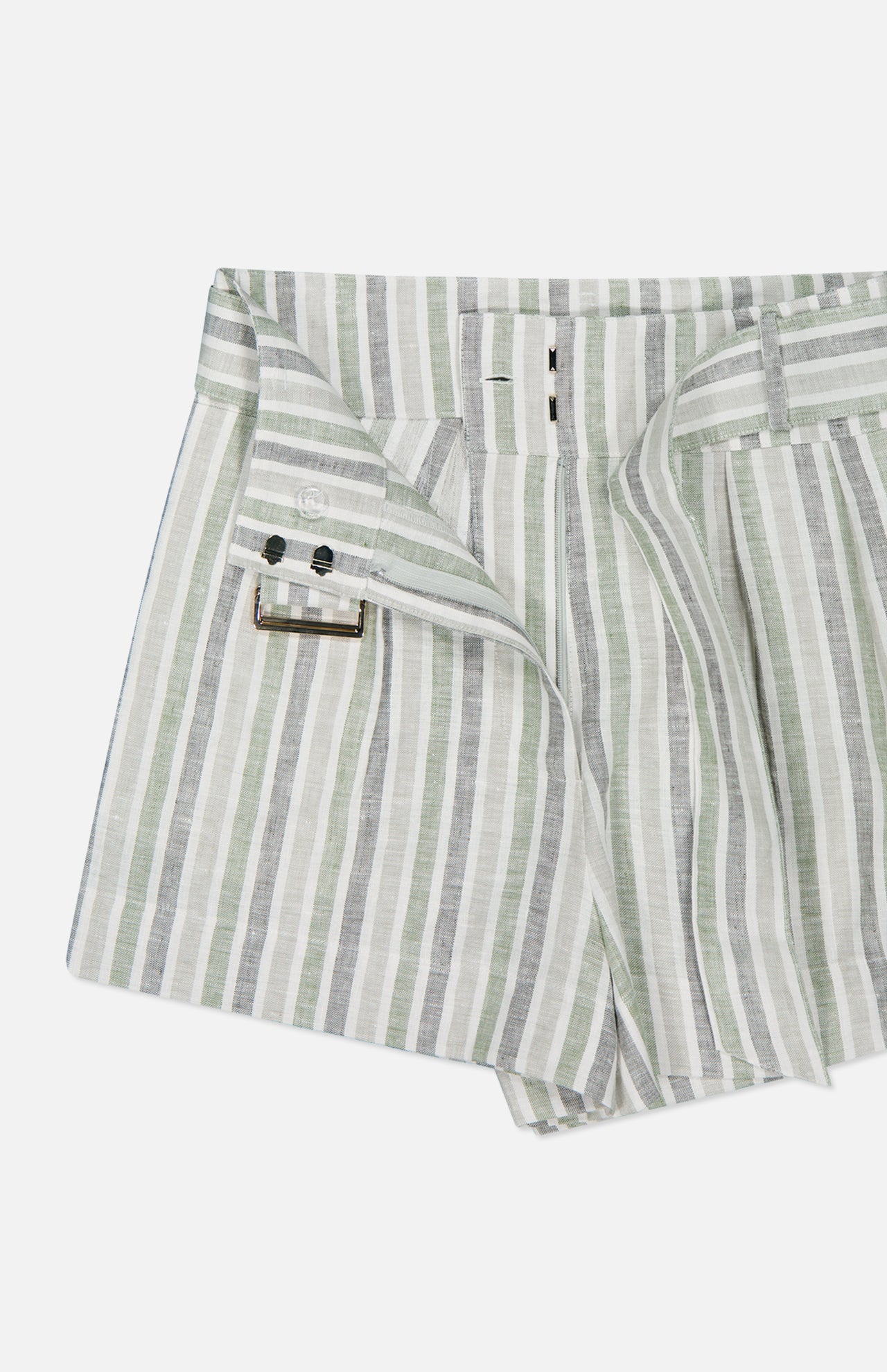 The HEVRON Zinna Striped Linen Short features green, white, and gray stripes with a side buckle, semi-open waistband, inner closures, and two buttons—ideal for easy summer style.
