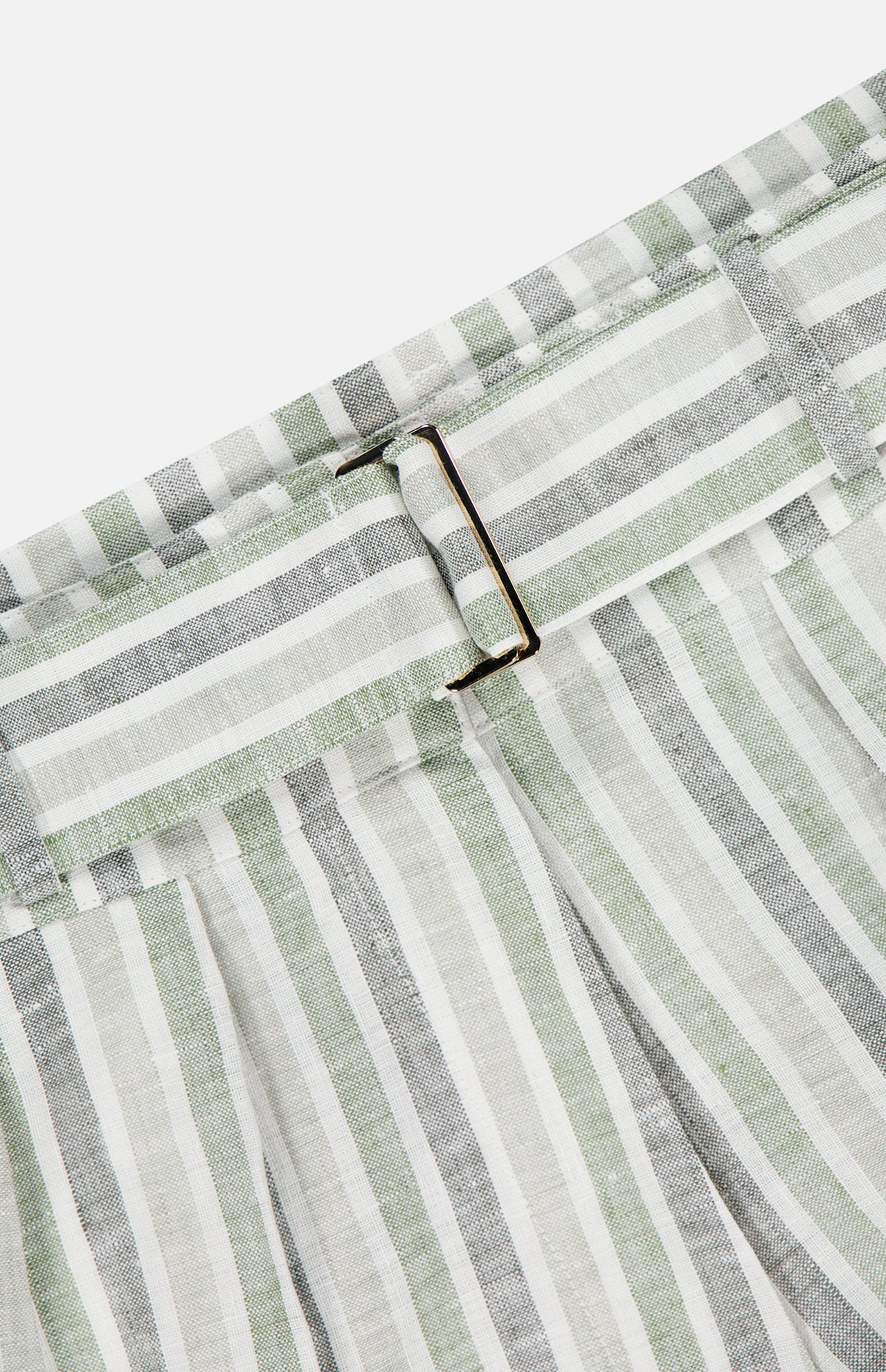 Close-up of the HEVRON Zinna Striped Linen Short's waistband, showcasing its metal rectangular buckle and vertical white, grey, and light green stripes—ideal texture and design for summer.