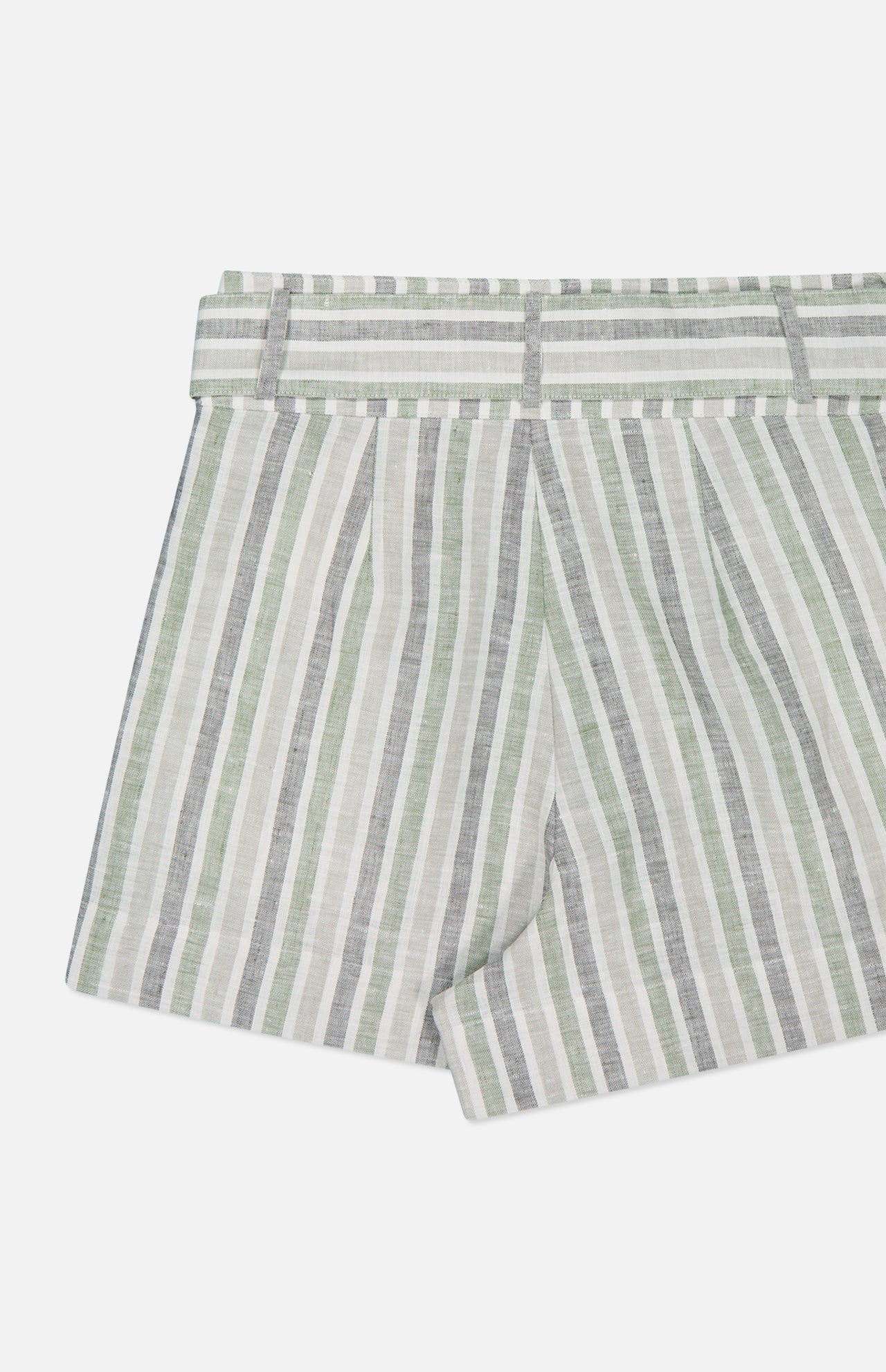 Close-up of HEVRON's Zinna Striped Linen Short with vertical green, grey, and white stripes. The lightweight fabric and matching waistband make these shorts ideal for a relaxed, stylish summer look.