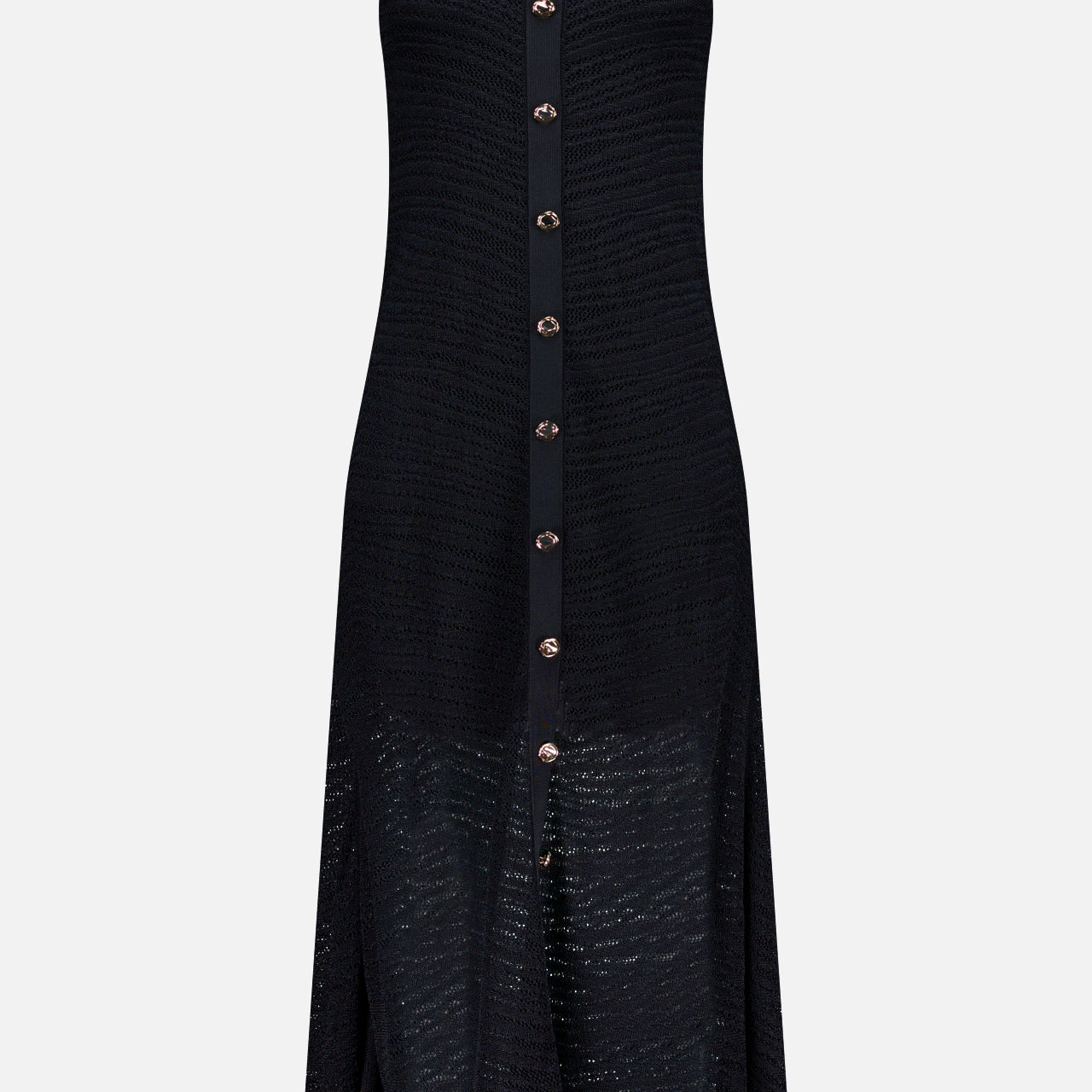 The HEVRON Zia Sheer Chevron Knit Dress is a sleeveless black midi with a chevron-zebra pattern, metallic front buttons, semi-transparent panels, and a subtle A-line silhouette for refined style.