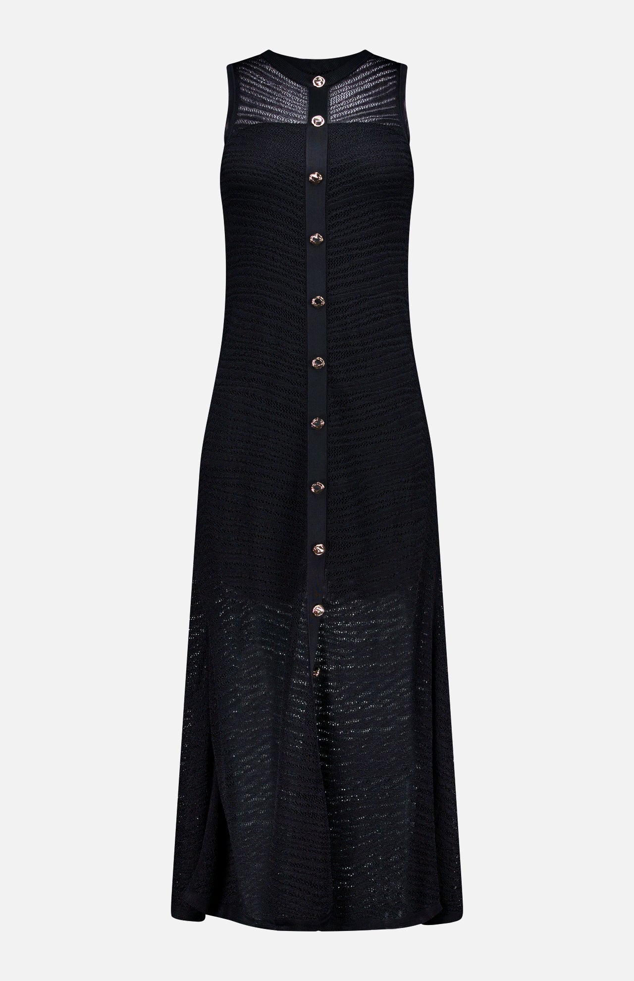 The HEVRON Zia Sheer Chevron Knit Dress is a sleeveless black midi with a chevron-zebra pattern, metallic front buttons, semi-transparent panels, and a subtle A-line silhouette for refined style.