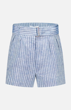 The HEVRON Zinna Stripe Linen Short features light blue and white vertical stripes, a belted waist with metal buckle, pleated front, and a tailored women’s A-line fit.