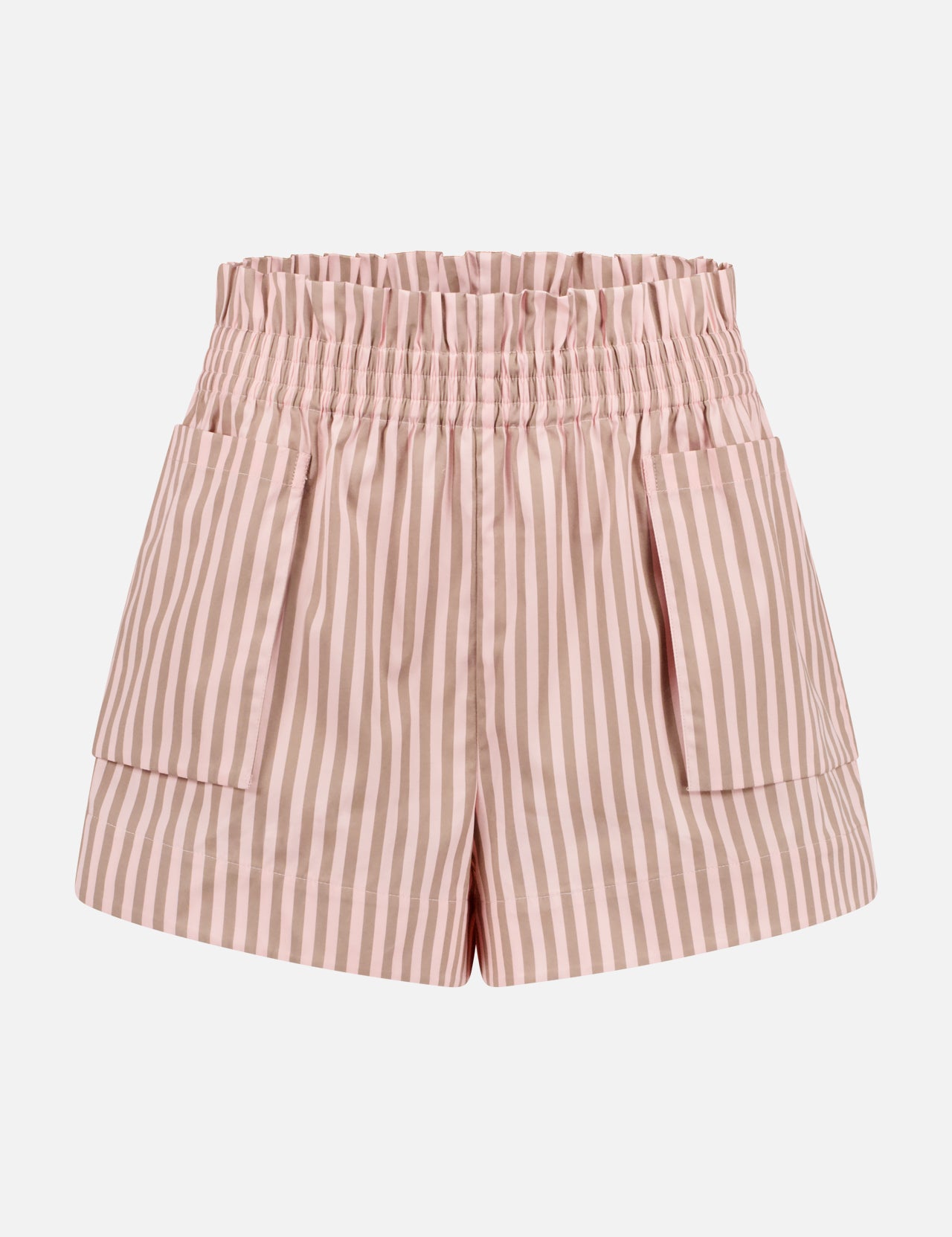 The HEVRON Mira Stripe Short features a relaxed fit, pink and white vertical stripes, an elastic ruffled waistband, and large front patch pockets, shown against a plain white background.