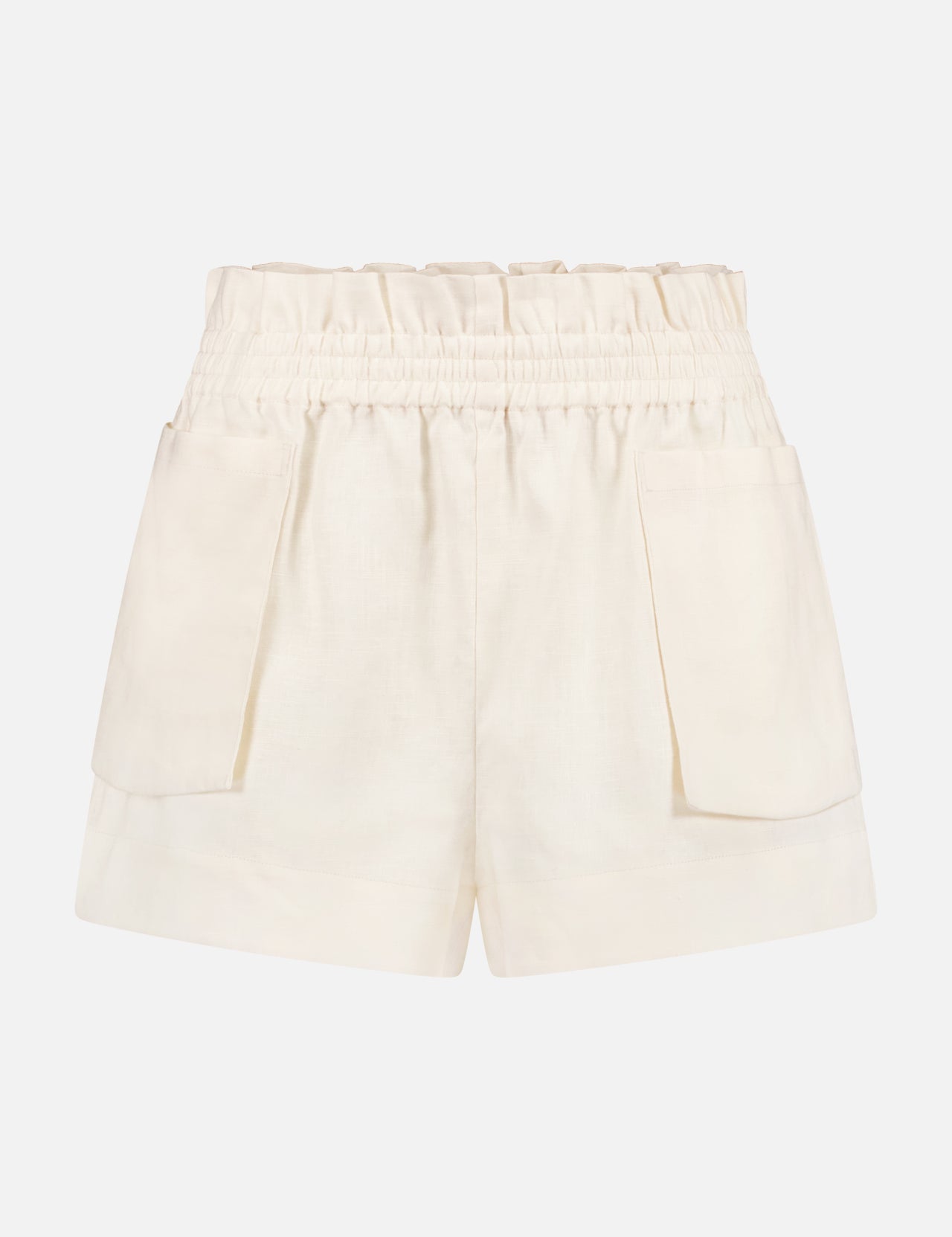 The HEVRON Mira Linen Short in off-white features a high waist, elastic waistband, two large front patch pockets, and a relaxed fit, displayed against a plain white background.