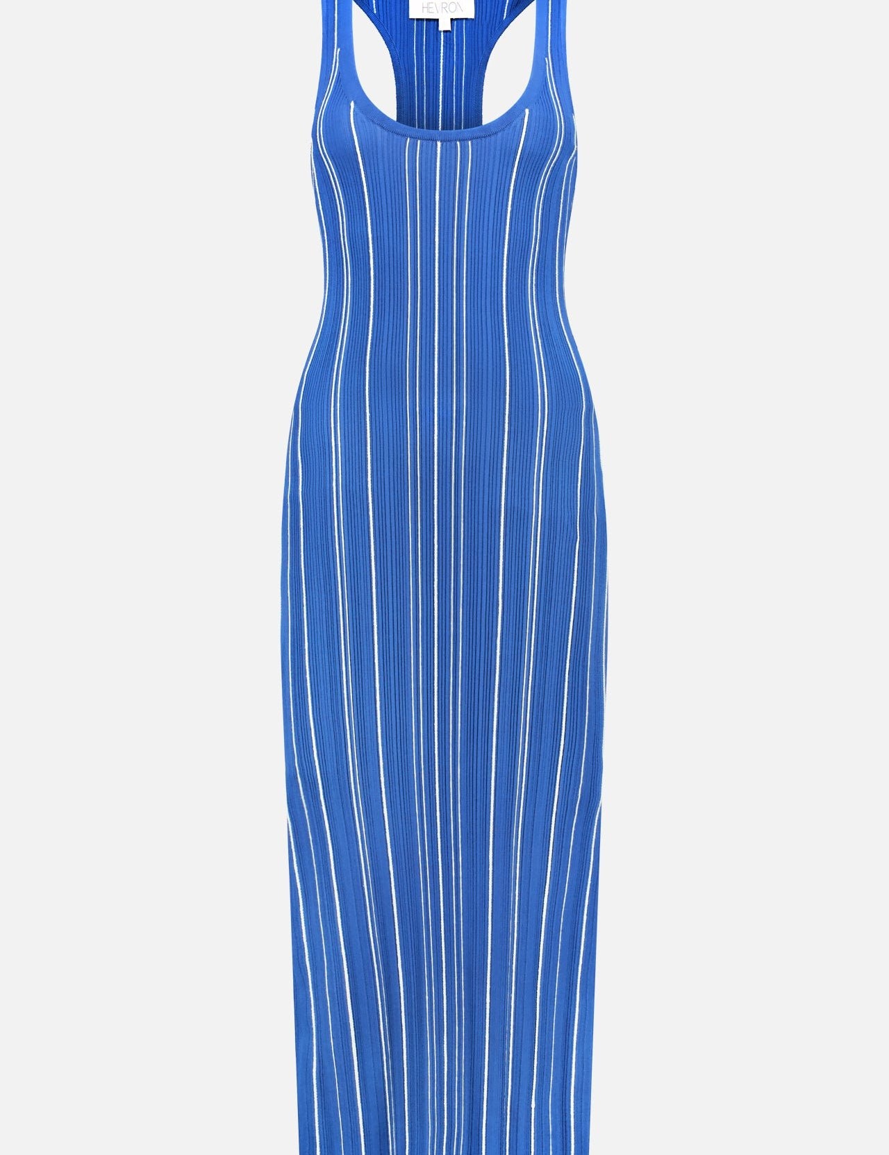 The HEVRON Rose Fitted Knit Dress is a sleeveless, ankle-length sapphire dress with vertical white stripes, a scoop neckline, a ribbed texture, and a fitted silhouette.