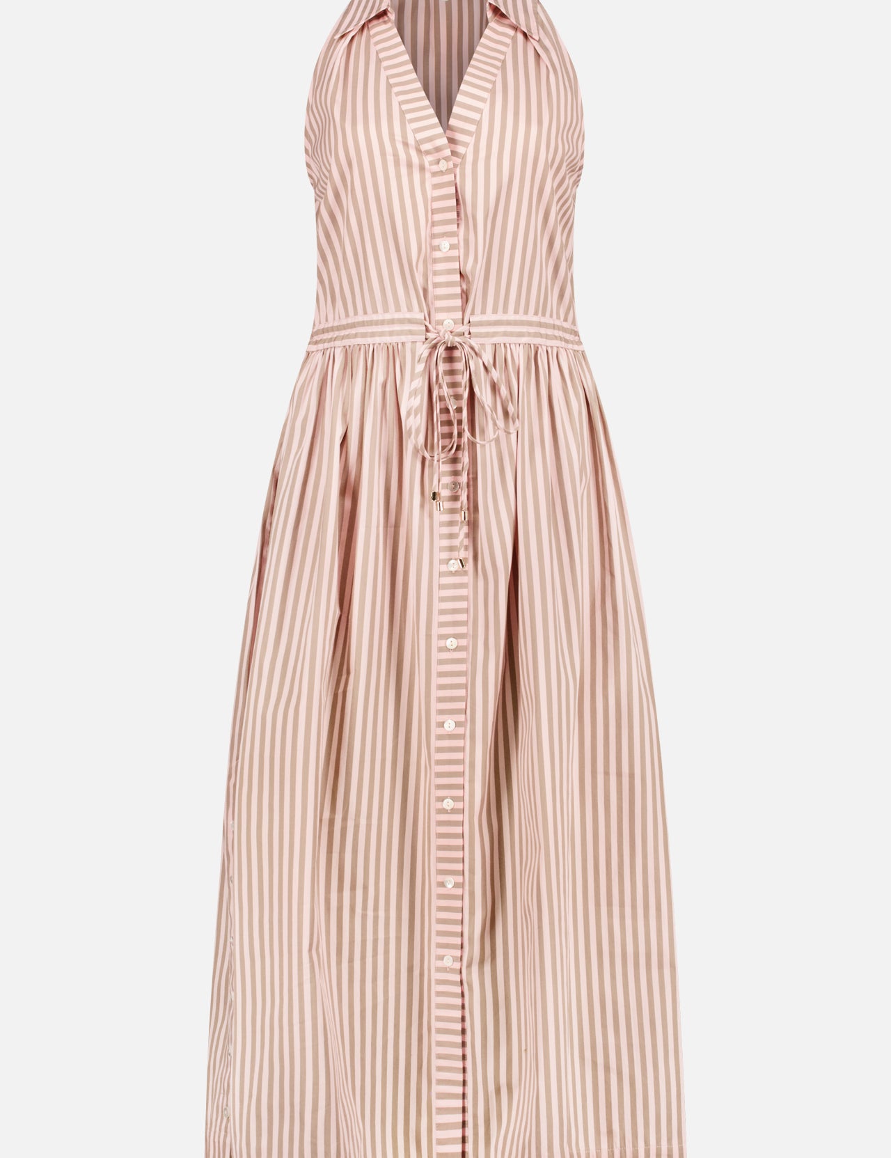The HEVRON Stella Stripe Midi Dress is a sleeveless, knee-length pink striped dress with a collared halter neckline, button-down front, and adjustable drawstring waist for a flattering fit.