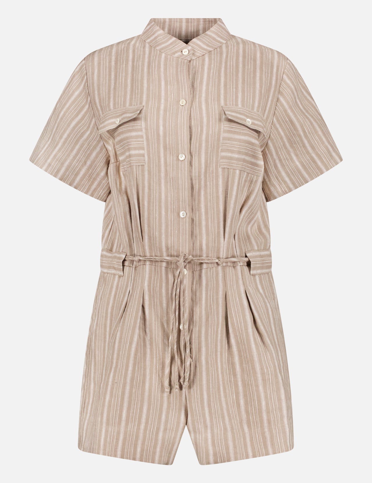 The HEVRON Taryn Stripe Linen Romper in beige features short sleeves, a button-up front, two chest flap pockets, a drawstring waist, and pleated shorts. Shown on a white background.