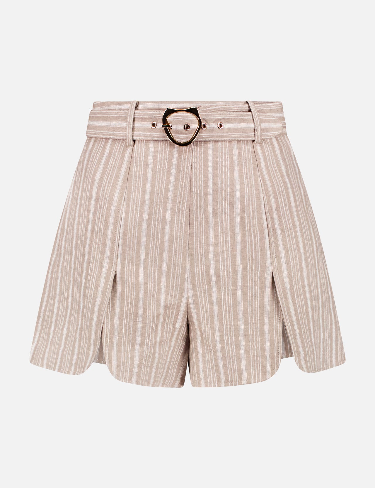 HEVRON’s Tessa Stripe Linen Short features a high-waisted beige and white striped design with a wide matching belt and round metal buckle—the perfect tailored addition to any neutral wardrobe.