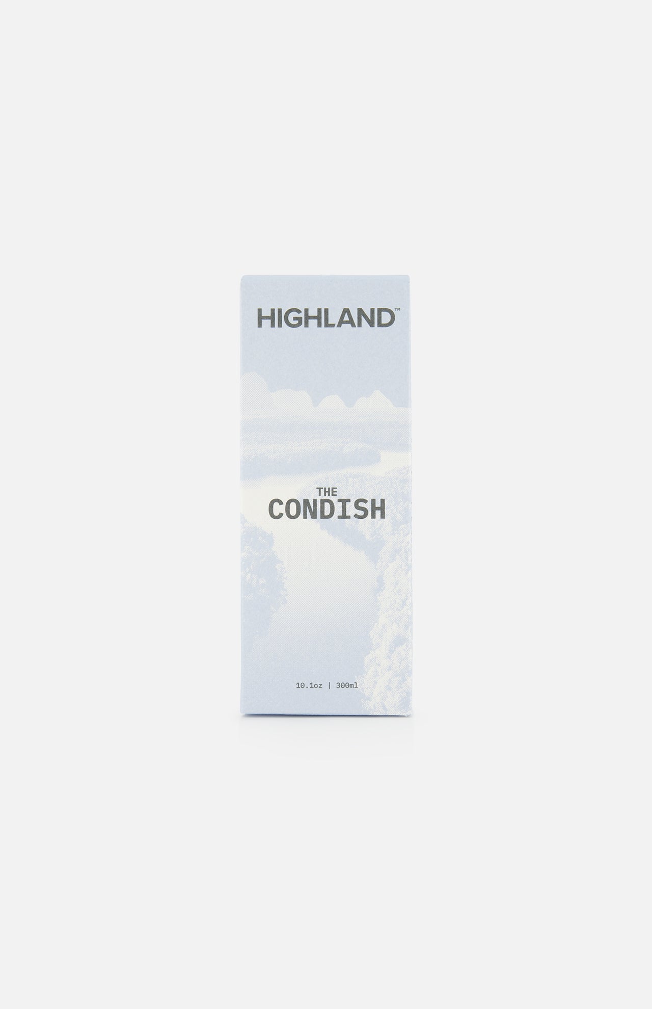 A light blue box labeled HIGHLAND STYLE CO. The Condish Hair Conditioner, featuring a faint landscape background. This lightweight, silicone-free conditioner is packaged in a 10.1oz | 300mL box, as indicated at the bottom.