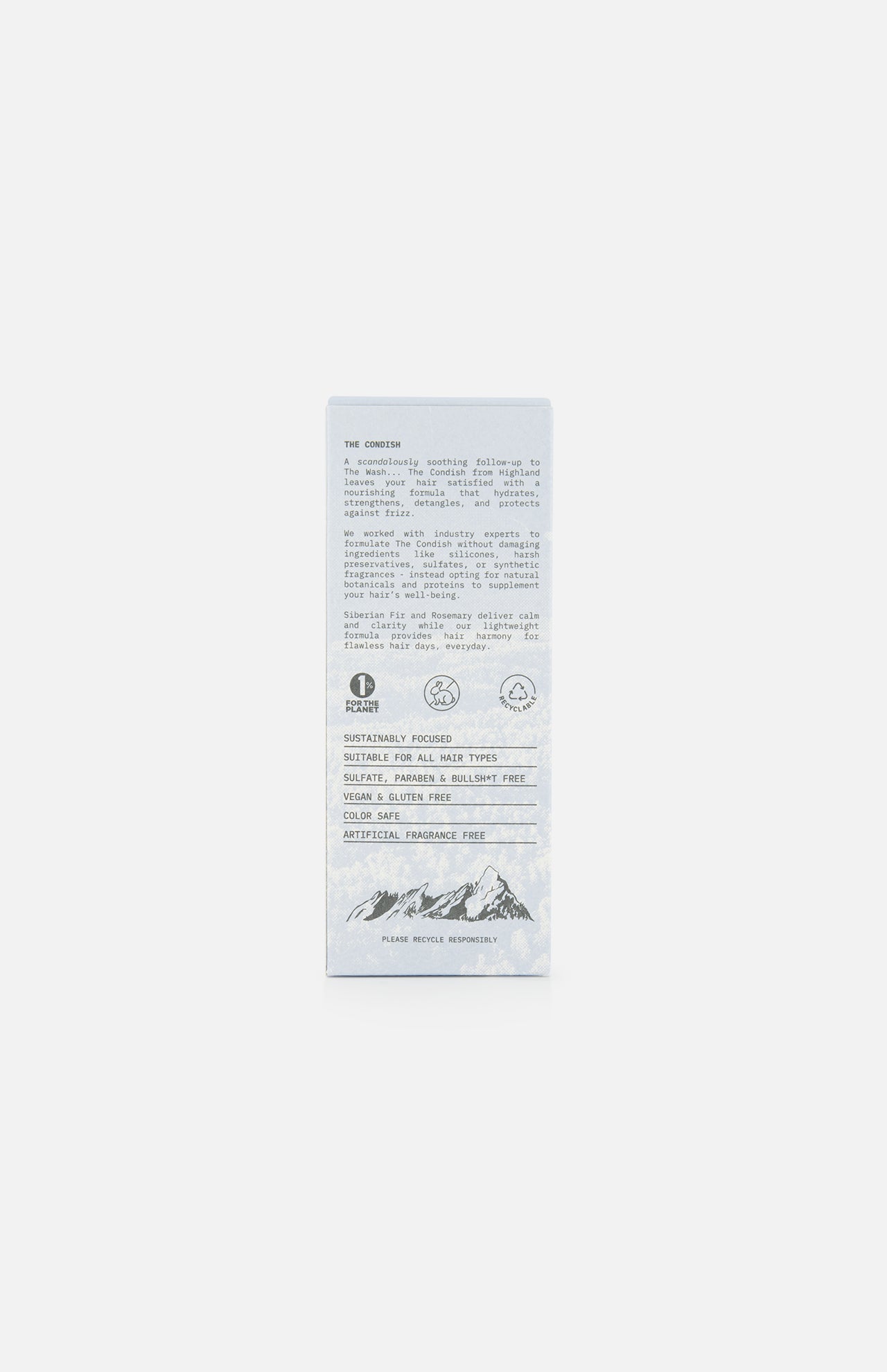 The back of The Condish Hair Conditioner box by HIGHLAND STYLE CO. features information about its ingredients and benefits, along with icons indicating it is vegan, cruelty-free, and recyclable. The description emphasizes that this lightweight conditioner hydrates hair without weighing it down and is silicone free for a natural feel. A mountain illustration appears at the bottom of the white background.