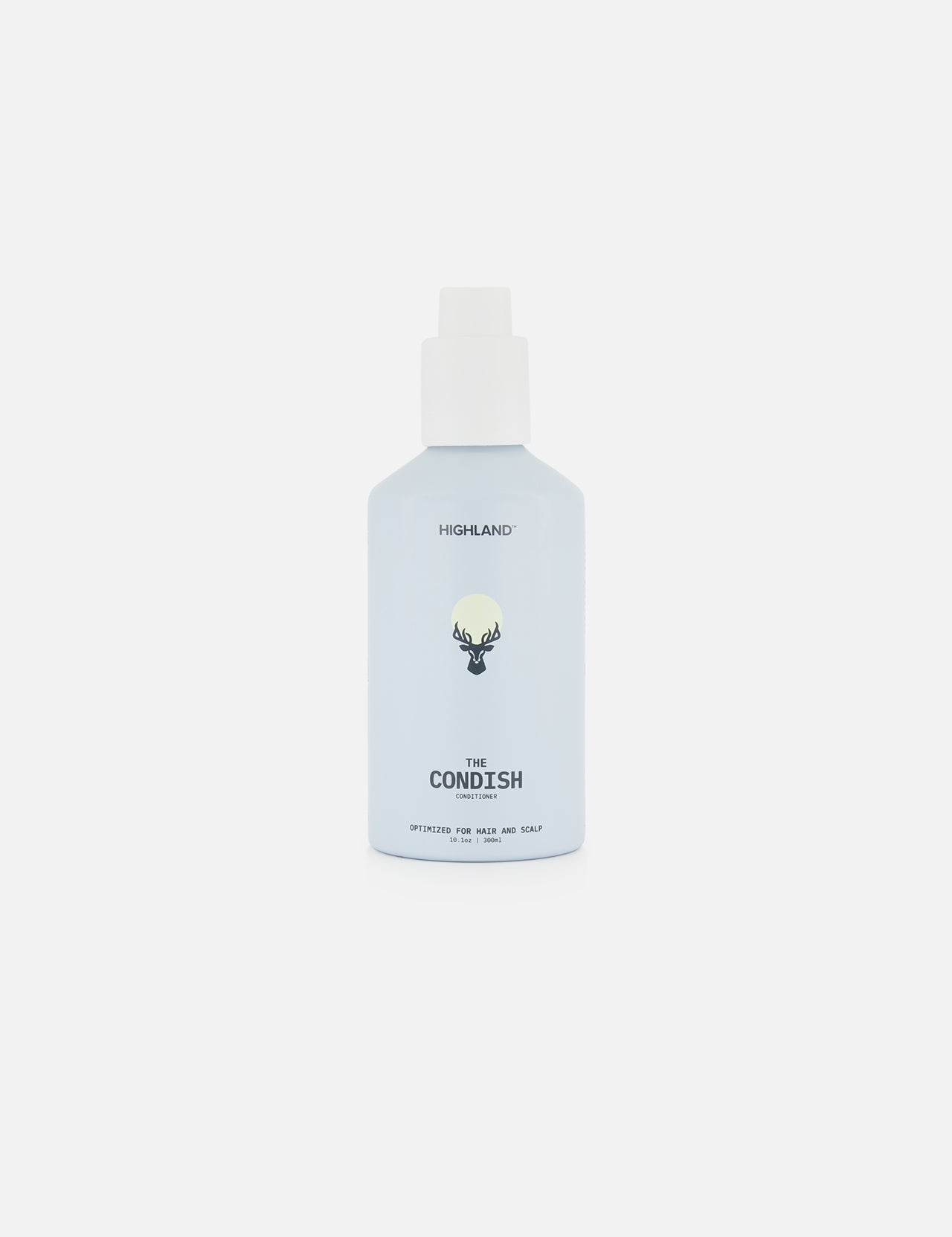 A light blue bottle labeled HIGHLAND STYLE CO. The Condish Hair Conditioner with a white cap, featuring a simple black line drawing of a moose head on the front, set against a plain white background. This silicone-free, lightweight conditioner is designed to hydrate hair without weighing it down.