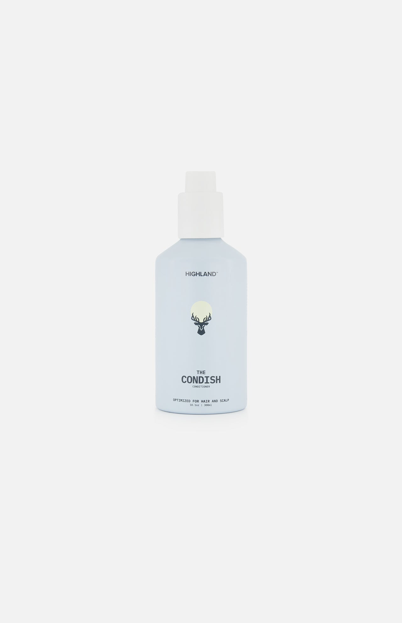 A light blue bottle labeled HIGHLAND STYLE CO. The Condish Hair Conditioner with a white cap, featuring a simple black line drawing of a moose head on the front, set against a plain white background. This silicone-free, lightweight conditioner is designed to hydrate hair without weighing it down.