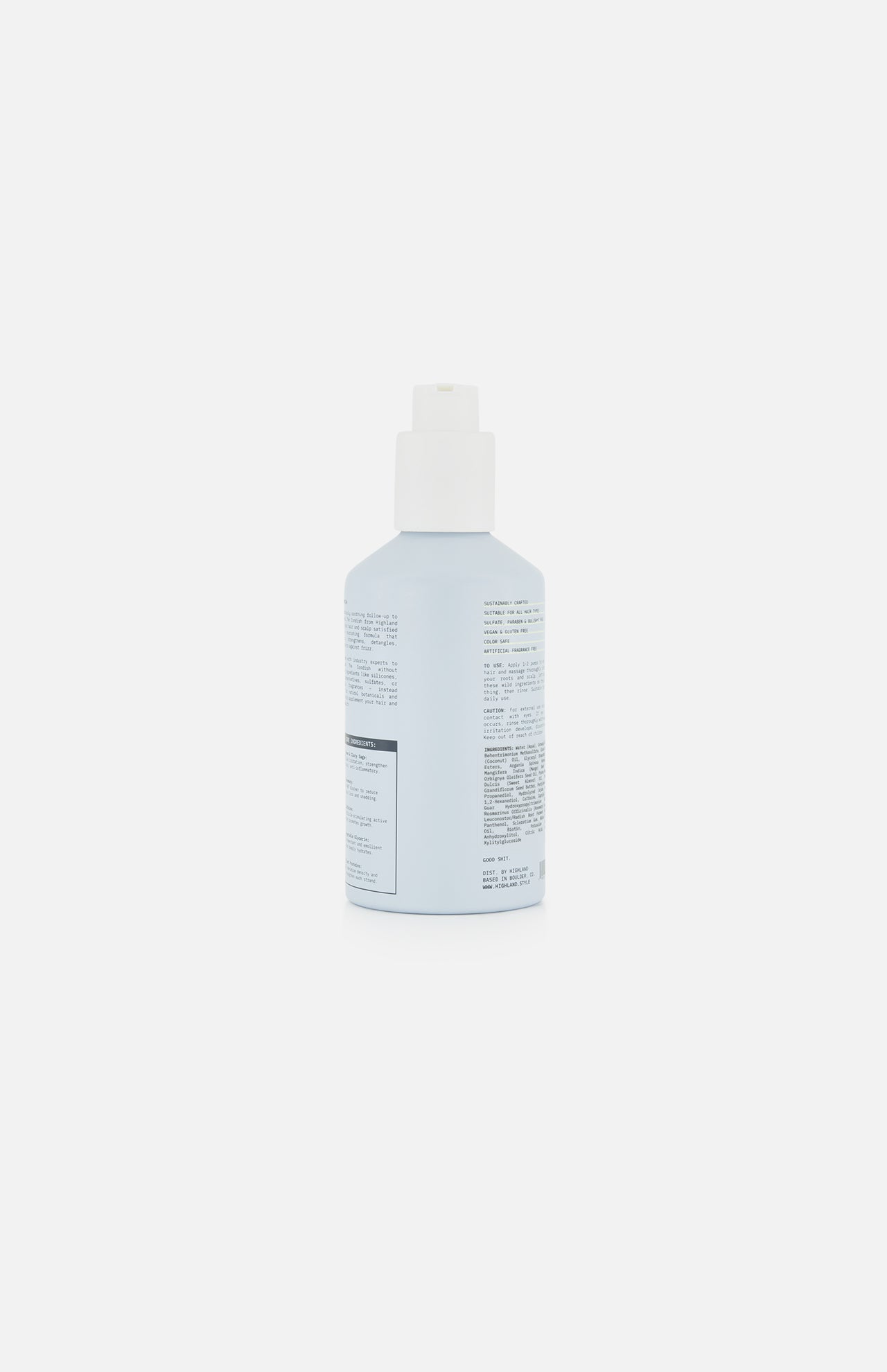 A light blue cylindrical bottle of HIGHLAND STYLE CO. The Condish Hair Conditioner, featuring a white cap, is displayed upright against a plain white background. The back of the lightweight conditioner bottle is shown, with product text and a label visible on the surface.