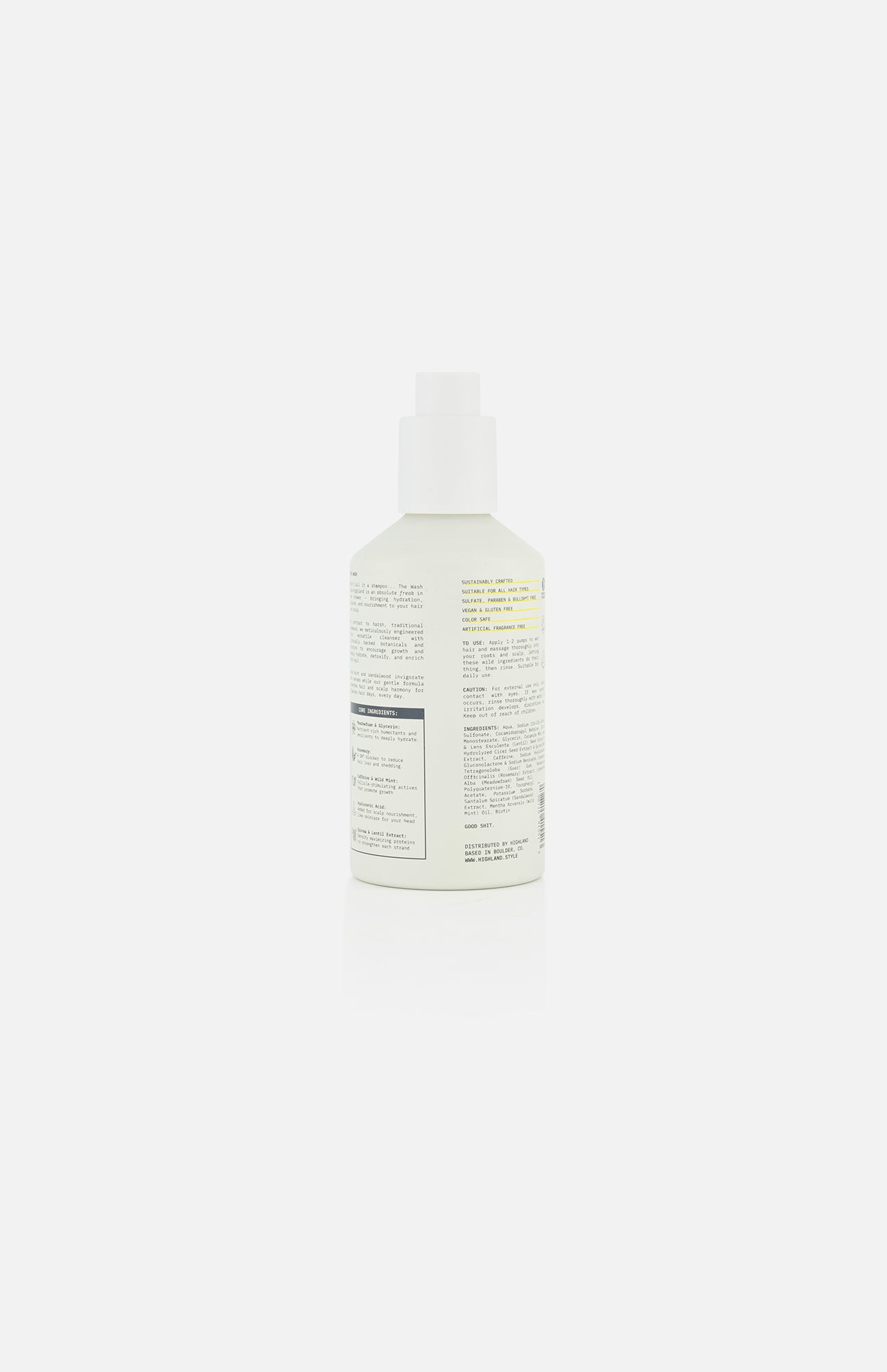 A white plastic bottle with a white cap, The Wash Hair Care by HIGHLAND STYLE CO. features detailed side and back labels and is pictured on a plain white background. Sulfate free—ideal for healthy hair growth.