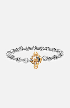 The HOORSENBUHS 5MM Open-Link Bracelet is a unisex sterling silver piece with a gold circular clasp and interlocking G-shaped tri-link motif, shown on a white background, perfect for adding elegance to any outfit.