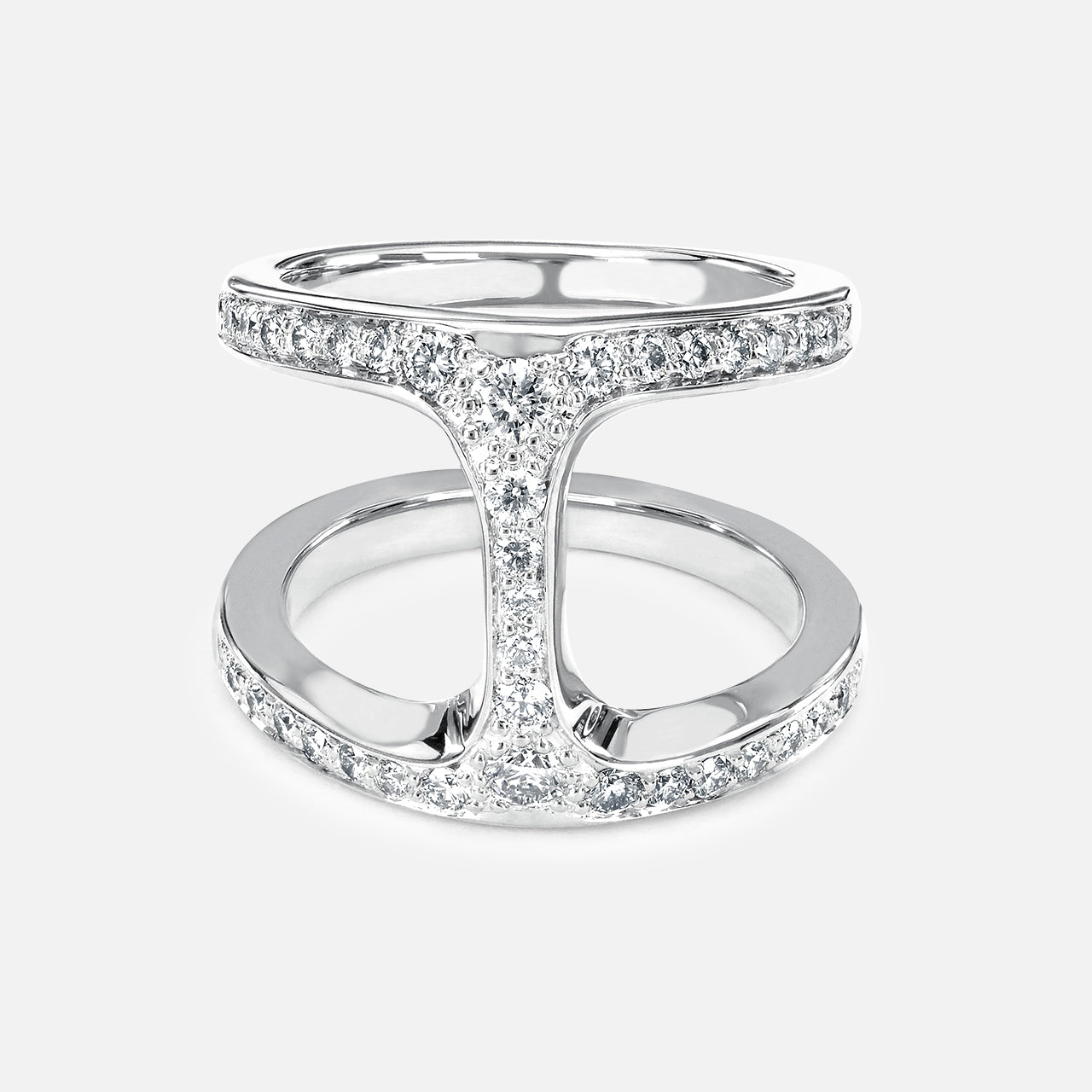 The HOORSENBUHS Dame Phantom W/ Diamonds Ring features two parallel white gold bands linked by a diamond-encrusted vertical bar, shown on a plain white background—an elegant, unisex jewelry piece.